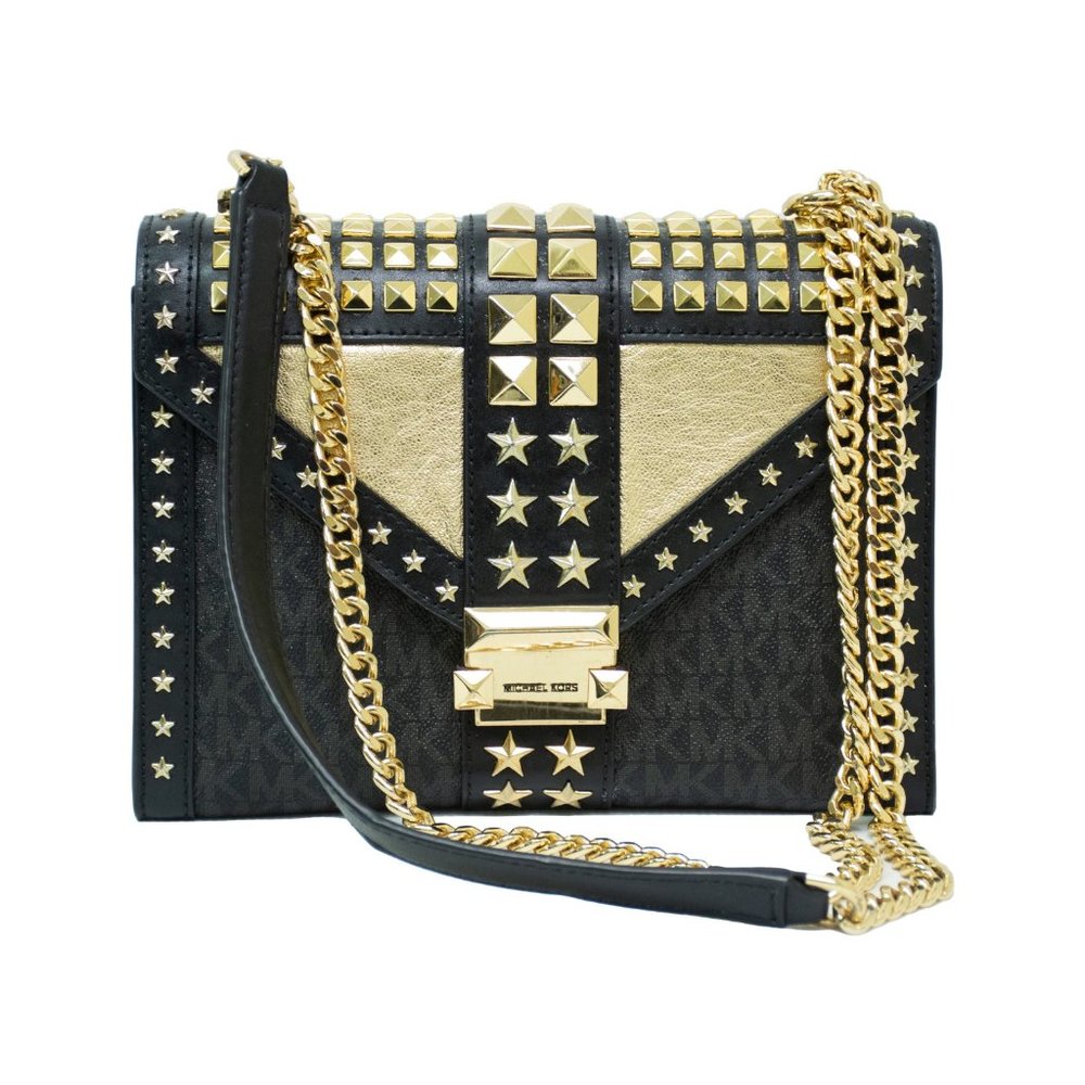 Michael Kors Whitney Large Star Embellished Black & Gold Leather Shoulder Bag